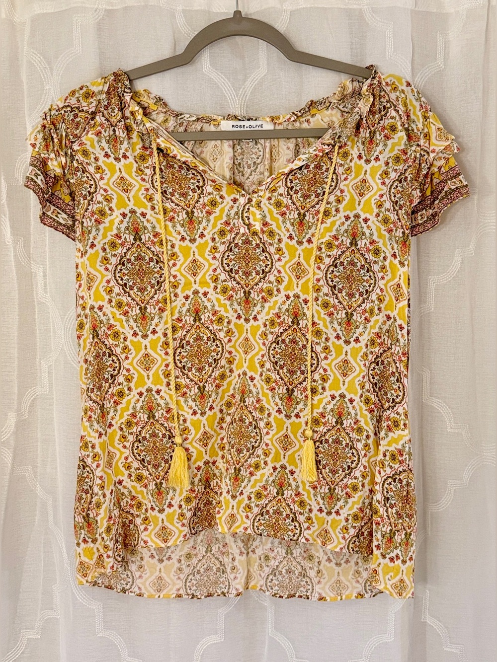Rose + Olive Small Mustard Yellow Paisley Boho Tassel Blouse